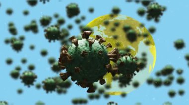 Dünya üzerinde düşen covid 19 hücrenin animasyonu. küresel sağlık ve sağlık hizmetleri kavramı dijital olarak üretilen video.
