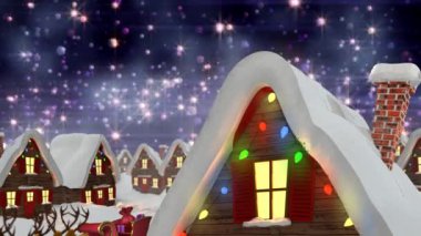 Peri ışığı olan evlerin üzerine renkli ışıklar düşen yıldızların animasyonu. Noel, gelenek ve kutlama konsepti dijital olarak oluşturuldu.