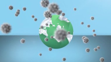Dünya üzerinde uçan Coperid 19 hücrenin animasyonu. küresel covid 19 salgın, ilaç ve sağlık hizmetleri konsepti dijital olarak oluşturulmuş video.