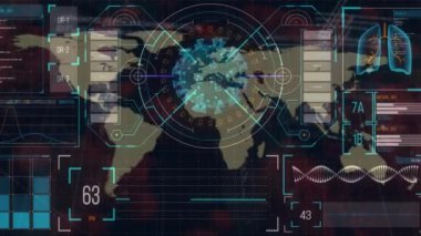 Dünya haritasında covid 19 hücre ve veri işleme animasyonu. küresel covid 19 salgın, ilaç ve sağlık konsepti dijital olarak oluşturulmuş video.