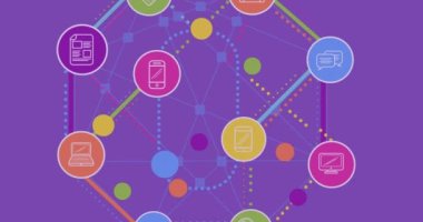 Mavi arkaplandaki simgelerle bağlantı ağının canlandırılması. Sosyal medya ve iletişim arayüzü kavramı dijital olarak oluşturulmuş video.