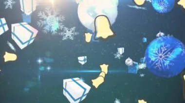 Yılbaşı çanları, hediyeler ve ışıklarla siyah arka plana düşen mücevherlerin animasyonu. Noel, kış mevsimsel selamlar ve dijital olarak oluşturulan kutlama konsepti.