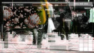 Şehirde yürüyen insanlarla ilgili veri işleme animasyonu. küresel covid 19 salgın konsepti dijital olarak oluşturulmuş video.