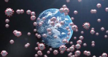 Dünya üzerinde yüzen kovid 19 hücrenin animasyonu. küresel covid 19 salgın, ilaç ve sağlık konsepti dijital olarak oluşturulmuş video.