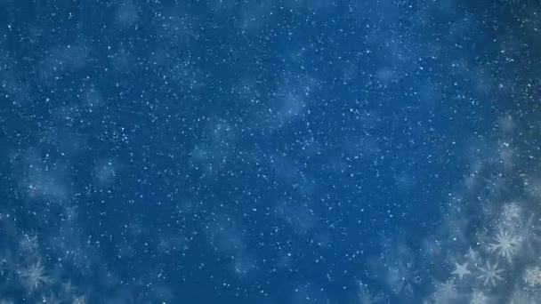 Animación Nieve Cayendo Sobre Copos Nieve Estrellas Sobre Fondo Azul — Vídeos de Stock