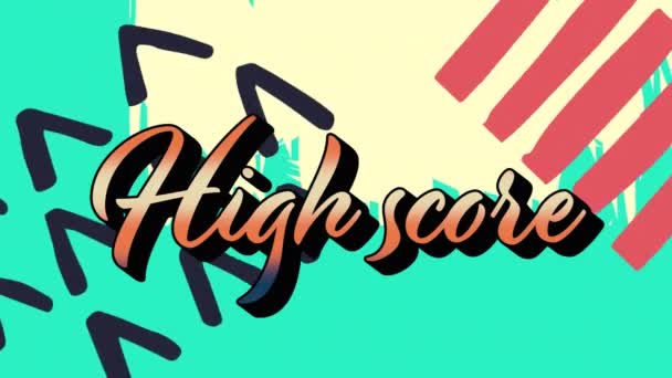 Animation Von Highscore Text Über Bunte Grafiken Und Formen Hintergrund — Stockvideo