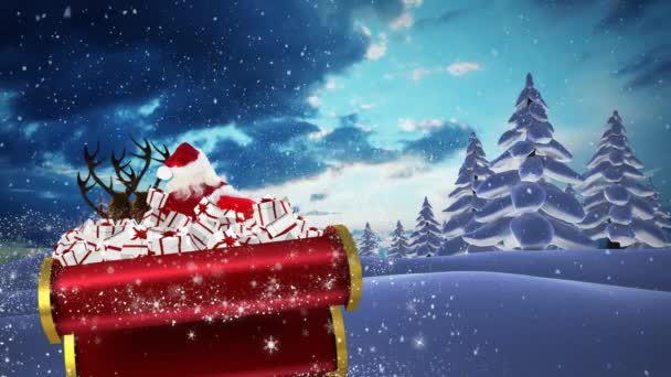 Animación Santa Claus Trineo Con Regalos Navidad Nieve Cayendo Paisaje — Vídeo de stock