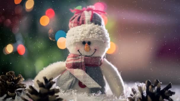 Animace Sněhu Padajícího Sněhuláka Borovicové Šišky Vánoční Tradiční Slavnostní Koncept — Stock video