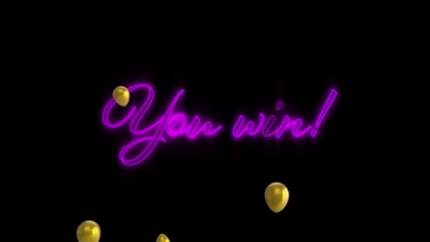 Animace Textu Vyhrajete Fialovém Neonu Zlatými Balónky Černém Pozadí Komunikace — Stock video
