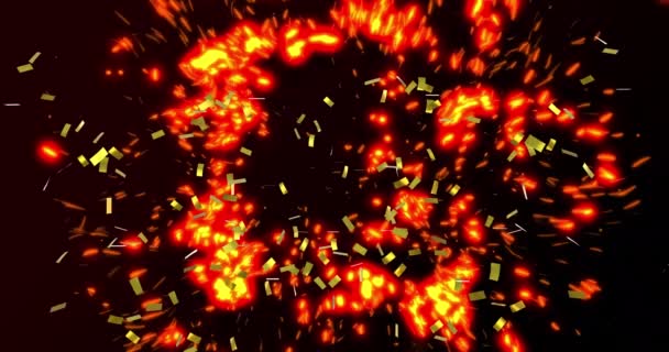 Animatie Van Gouden Confetti Die Gloeiende Oranje Vlekken Valt Viering — Stockvideo