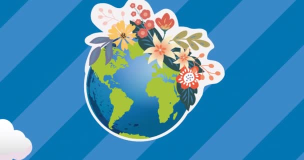 Animation Jordklotet Med Blommor Randig Blå Himmel Och Moln Globalt — Stockvideo