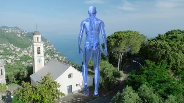 風景の上を歩く青い人間のアイコンのアニメーション 世界中のオンライン旅行やコミュニケーションの概念をデジタルで生成し — ストック動画