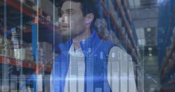倉庫で働く人間に対する統計的財務データ処理のアニメーション 世界的な出荷と接続の概念デジタル生成されたビデオ — ストック動画
