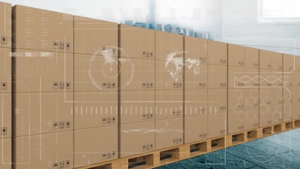 Анімація Статистики Обробки Над Картонними Коробками Конвеєрному Поясі Глобальна Концепція — стокове відео
