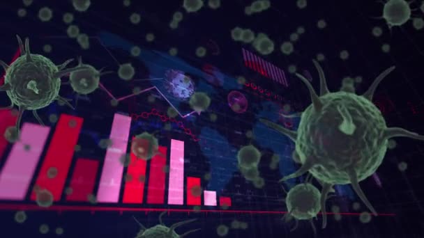 Animasi Dari Kovid Sel Dengan Rekaman Statistik Global Covid Pandemic — Stok Video