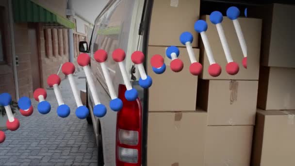 Animation Dna Strand Spinning Delivery Man Cardboard Boxes Global Shipping — Stock Video