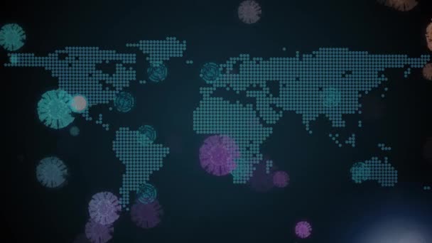 Анимация Ковидных Клеток Летающих Над Картой Мира Глобальный Ковид Пандемия — стоковое видео