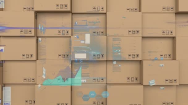 Animación Del Procesamiento Estadístico Sobre Cajas Cartón Concepto Global Envío — Vídeo de stock