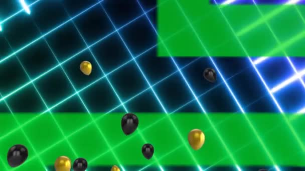 Hareketli Neon Şebekesinin Üzerinde Siyah Altın Balonlar Olan Yeşil Metin — Stok video