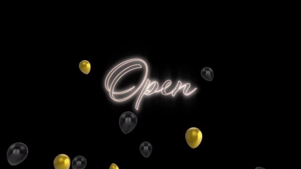 Animace Otevřeného Textu Bílých Neonových Písmenech Zlatými Černými Balónky Černém — Stock video