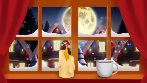 Animation Der Winterlandschaft Mit Weihnachtsdekoration Aus Dem Fenster Gesehen Weihnachten — Stockvideo