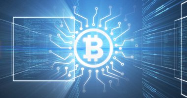 Finansal veri işleme resmi ve mavi arka planda parlayan bitcoin sembolü. Şifreli para birimi sanal küresel finans sektörü konsepti dijital olarak oluşturulmuş görüntü.