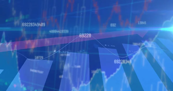 Multiple Changing Numbers Red Arrow Statistical Data Processing Blue Background — Stock Photo, Image