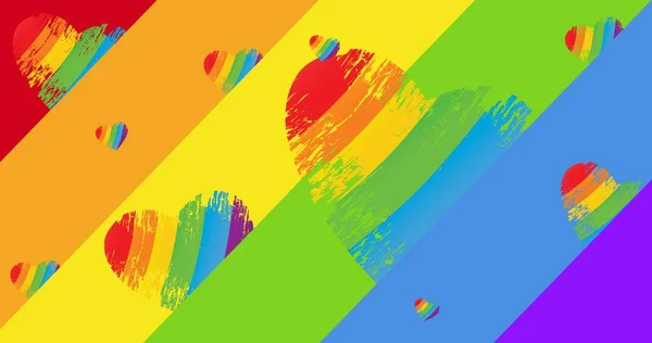 Rainbow hearts over rainbow stripes background. lgbtq pride and equality celebration concept digitally generated video.