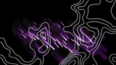 Siyah arkaplanda, mor havai fişeklerle hareket eden beyaz hatların animasyonu. kutlama, olay, hareket ve iletişim konsepti dijital olarak oluşturulmuş video.