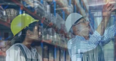 Depoda çalışan kadın ve erkeğin istatistik ve mali veri işleme animasyonları. küresel gönderim ve bağlantılar konsepti dijital olarak oluşturulmuş video.