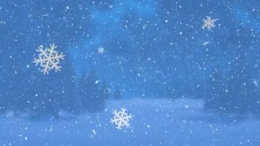 Kışın köknar ağaçlarının üzerine düşen kar animasyonu. Noel, kış ve kutlama konsepti dijital olarak oluşturuldu.