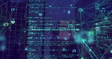 Şehir manzarası üzerinde simgeler ve veri işleme ile bağlantı ağının canlandırılması.