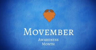 Hareketli farkındalık ayı animasyonu mavi arkaplan üzerinde metin ve bıyık. küresel tıp, sağlık ve teknoloji konsepti dijital olarak üretilen video.