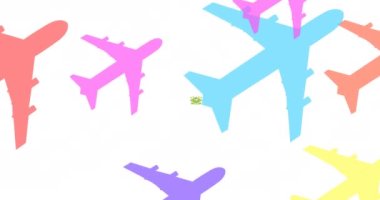 Beyaz zemin üzerinde renkli uçaklar üzerinde Dünya Günü metin ve logosu animasyonu. küresel koruma ve yeşil farkındalık kavramı dijital olarak oluşturulmuş video.