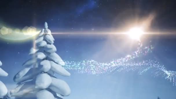 Animación Los Saludos Navideños Sobre Paisaje Invernal Con Casas Luna — Vídeo de stock