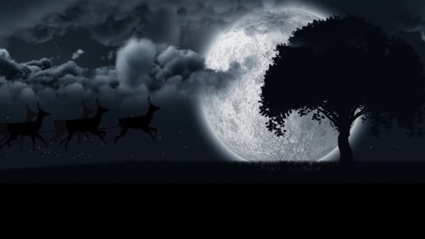Анимация Санта Клауса Санях Северным Оленем Проходящим Над Луной Рождество — стоковое видео