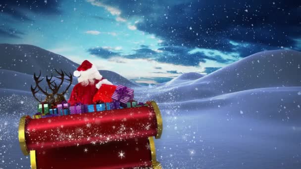 Animation Santa Claus Sleigh Christmas Gifts Snow Falling Winter Landscape — Stock Video