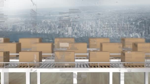 Karton Kutuların Üzerindeki Taşıma Bantları Şehir Manzarası Üzerindeki Istatistiklerin Canlandırılması — Stok video