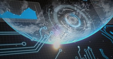 Izgara üzerinde tarama dürbünlerinin görüntüsü. küresel bağlantılar, veri işleme ve dijital arayüz kavramı.