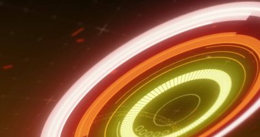 Arka planda turuncu noktaları tarayan parlak dürbünlerin görüntüsü. Renk ve hareket kavramı dijital olarak oluşturuldu.