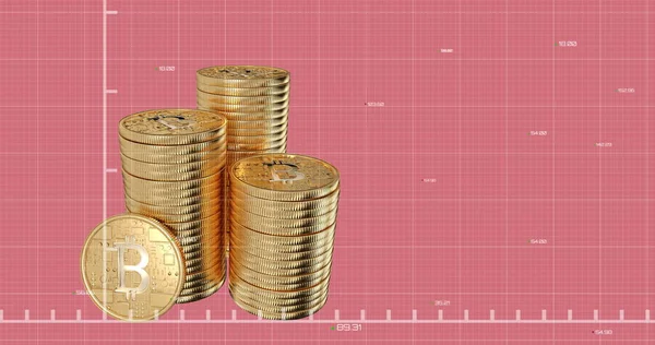 Imagem Linha Verde Processamento Dados Financeiros Pilhas Bitcoins Ouro Fundo — Fotografia de Stock
