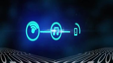 Koyu arkaplan üzerinde simge ve veri işleme animasyonları. küresel internet güvenliği, dijital arayüz ve bağlantılar konsepti dijital olarak oluşturulmuş video.