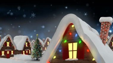 Peri ışıklarıyla evlerin üzerine yağan kar animasyonu. Noel, gelenek ve kutlama konsepti dijital olarak oluşturuldu.