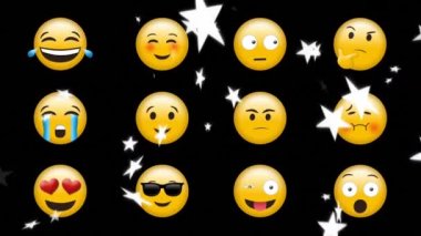 Kayan yıldızların üzerinde emoji simgelerinin canlandırılması. küresel sosyal medya ve iletişim konsepti dijital olarak oluşturulmuş video.
