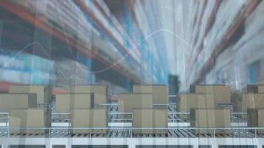 Taşıyıcı bantlardaki karton kutuların üzerinden geçen istatistiklerin animasyonu. küresel gönderim ve bağlantılar konsepti dijital olarak oluşturulmuş video.