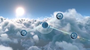 Gökyüzündeki bulutların üzerindeki simgelerle bağlantı ağının animasyonu. küresel çevrimiçi bağlantılar, dijital arayüz ve dijital olarak oluşturulan iletişim konsepti.