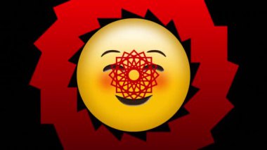 Kırmızı kaleydoskopik hareketler üzerine mutlu emoji simgesi animasyonu. küresel sosyal medya ve iletişim konsepti dijital olarak oluşturulmuş video.