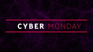 Bağlantı ağları üzerinden siber pazartesi satışı metninin animasyonu. küresel çevrimiçi satış, alışveriş ve bağlantılar konsepti dijital olarak oluşturulmuş video.