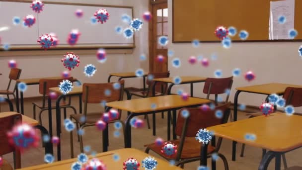 Animación Células Coronavirus Aula Vacía Escuela Educación Estudio Durante Coronavirus — Vídeo de stock