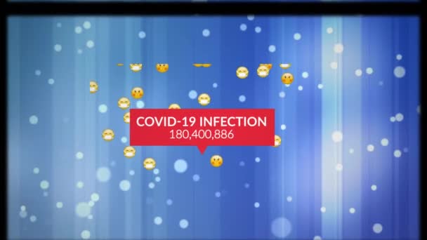 Animación Texto Covid Infección Con Número Creciente Emojis Manchas Luz — Vídeo de stock